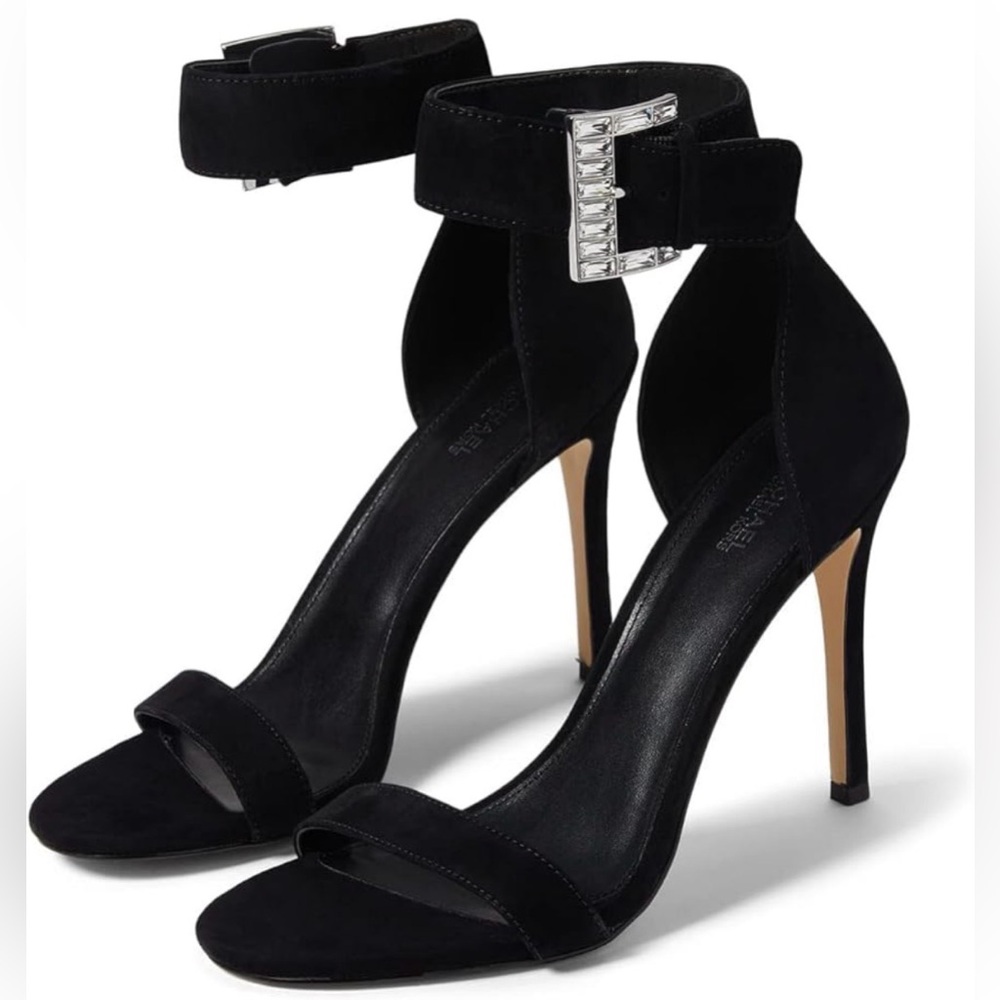MICHAEL Michael Kors Black Suede Ankle Strap Stiletto Heels with Silver Buckle